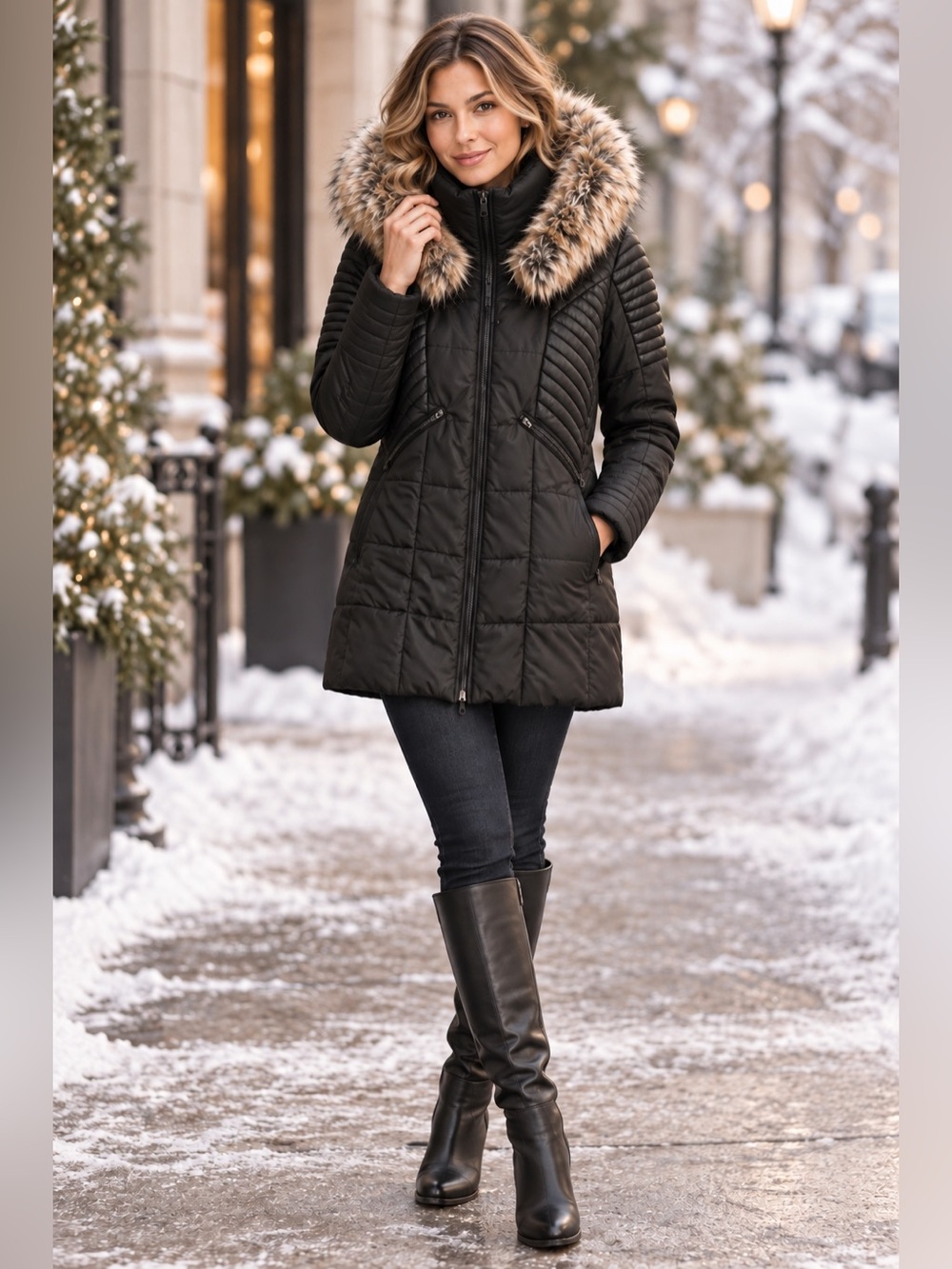 Suzy Shier Black Coat with Faux Fur Detail